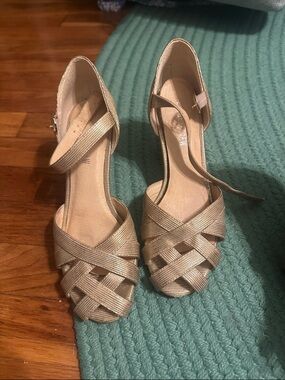 chelsea crew Metallic Gold Strappy Peep-Toe Heels with Ankle Strap